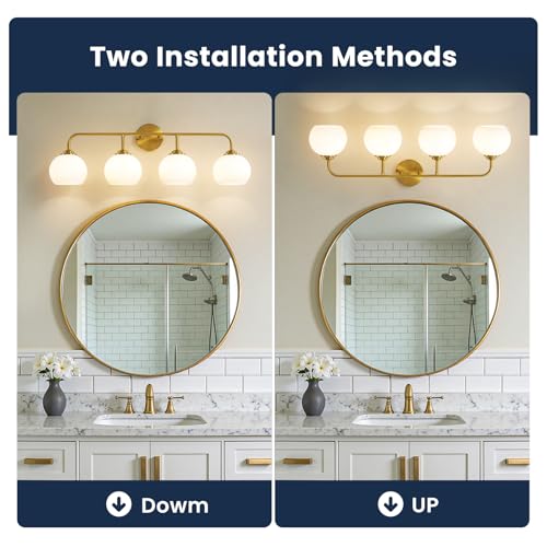 Brushed Gold 4-Light Bathroom Vanity Light Fixture with Frosted Glass - Wall Sconce