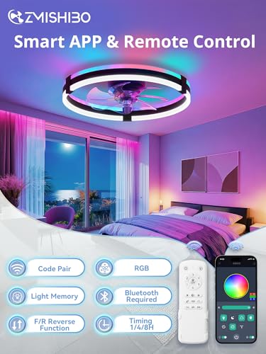 ZMISHIBO 20-Inch Black RGB Ceiling Fan with Lights Remote Control