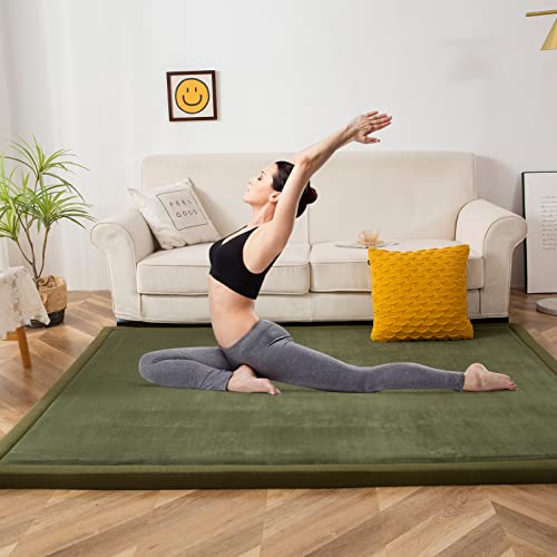 MAXYOYO Olive Green Coral Velvet Area Rug 59x78in with Non-Slip Backing, Thick Japanese Tatami Mat for Living Room & Bedroom