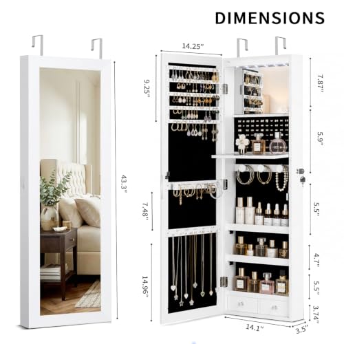 Over the Door Jewelry Organizer with Mirror & LED Lights - White