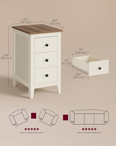 Farmhouse Nightstand with 3 Storage Drawers - Cloud White + Warm Brown, 18.9"D x 14.2"W x 24.8"H