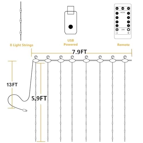 YEOLEH String Lights Curtain,7.9 x 5.9Ft 144LEDs USB Powered Fairy Lights for Bedroom Wall Decor,8 Modes & IP64 Waterproof Ideal for Outdoor Indoor Home Garden Party Holiday Halloween Room,Warm White