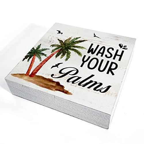 Wash Your Palms Wood Box Sign Home Decor Rustic Bathroom Quote Wooden Box Sign Block Plaque for Wall Tabletop Desk Home Bathroom Decoration 5" x 5"