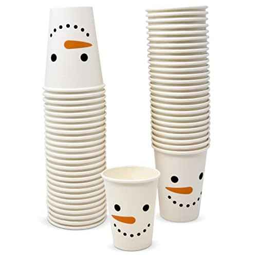 Gift Boutique 50 Disposable Christmas Snowman Cups 9 Oz. Paper Dinner Drinking Cup in Cute Xmas Winter Snow Man Design Beverage Drink Dinnerware Set for Festive Holiday Tableware Party Supplies