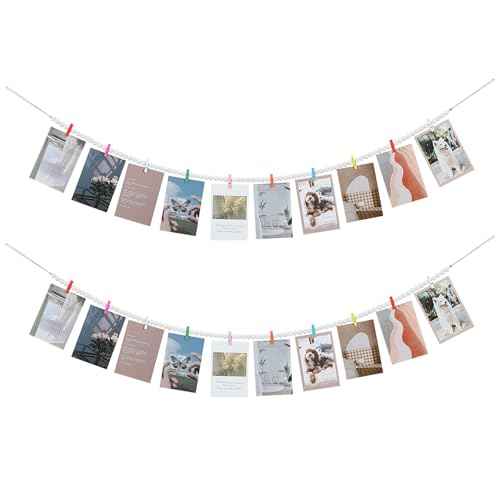 Hanging Photo Display with Clips, Boho Wooden Bead Garland Collage Picture Frame Wall Decor, Photo String with 10 Different Random Colors Wood Clips for Bedroom Room Decor, Christmas Teen Girls Gifts