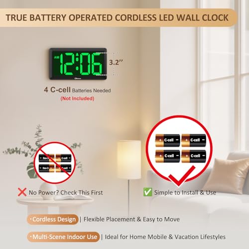 9.5 Inch Digital Wall Clock with Large LED Display - Green Variation