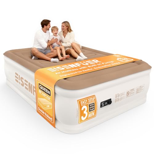 Queen Air Mattress with Built-In Pump, 18-Inch Raised, Camel Beige