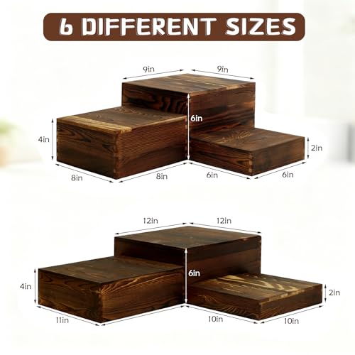 Brown 6 Pack Buffet Risers and Stands with Mini Signs - Rustic Food Display Set