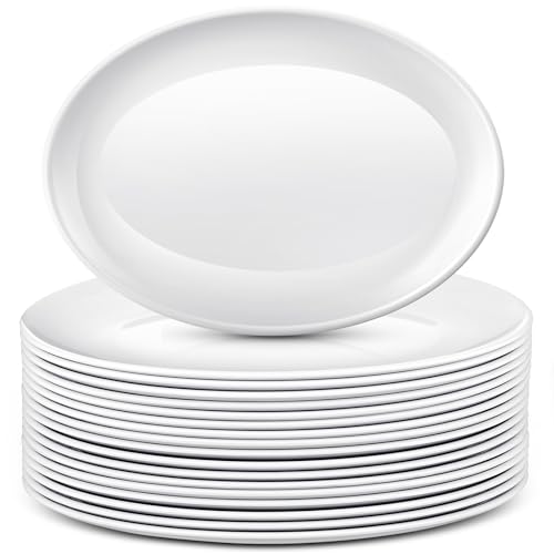 Large 14-Inch Serving Platters Set - 24 White Melamine Oval Plates - Variation of 24 / 14 Inch