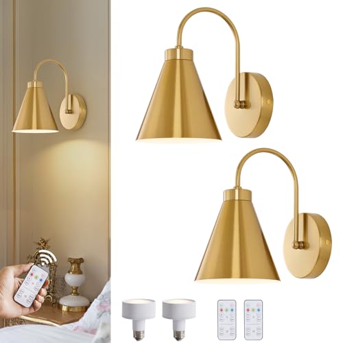Powfloven Vintage Rechargeable Wall Sconces Set of 2, Gold Battery