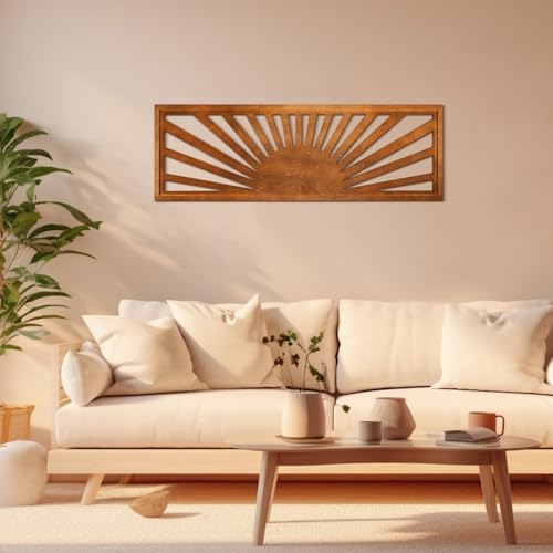 Burbell Horizontal Sun Wall Art - Boho Wooden Room Decor 35x12 Dark Brown