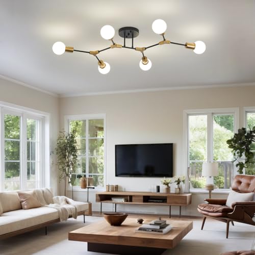 Gold and Black Sputnik Semi Flush Ceiling Light Fixture - 6 Light Variation