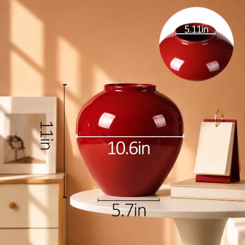 FZBCTLDZ Christmas Red 11-Inch Ceramic Look Iron Vase with Glossy Finish