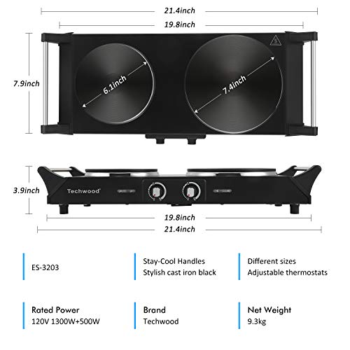 Techwood Double Hot Plate Electric Stove 1800W with Adjustable Temperature, Black Stainless Steel