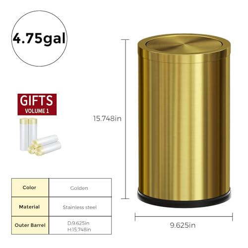 LEASYLIFE 4.7 Gallon Gold Bathroom Trash Can with Lid - Brushed Stainless Steel, Swing Lid, Non-Slip Base