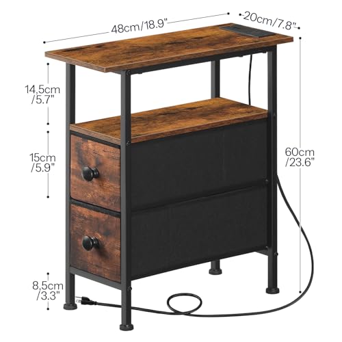 HOOBRO Rustic Brown & Black Narrow End Table with Charging Station - 7.8"L x 18.9"W x 23.6"H, 2 Drawers, Slim Nightstand for Small Spaces