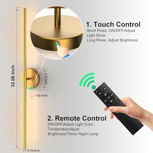 Tartek Gold Round 32 Inch Rechargeable LED Wall Sconce Set of 2, Dimmable & Remote Control
