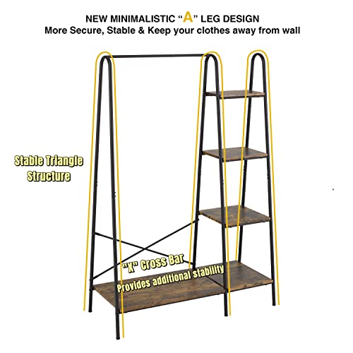 Finnhomy Heavy Duty Rustic Clothes Rack with 5 Wood Shelves - Black, 1 Rod