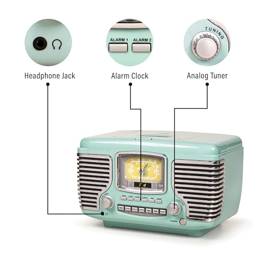 Crosley Corsair Radio CD Player with Bluetooth - Aqua Blue, AM/FM, Alarm Clock