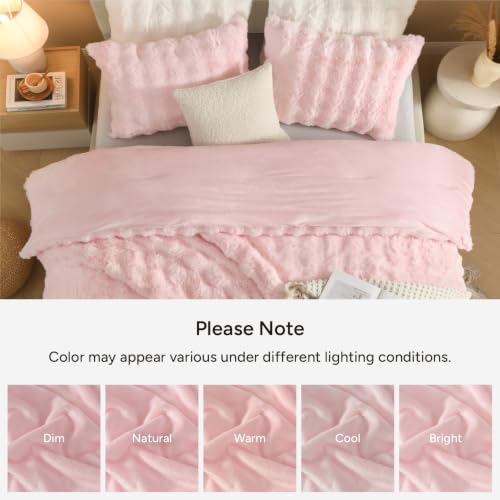 Pink Faux Rabbit Fur Comforter Set - 3 Piece Cozy Bedding