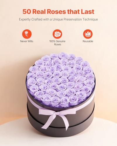 Purple 50 Preserved Roses in Round Box - VEVOR Forever Flowers, No Care Needed