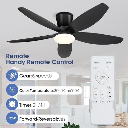 42-Inch Ceiling Fan with Lights and Remote, Low Profile Flush Mount, Reversible DC Motor, Black