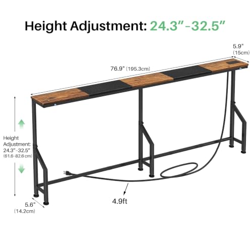 Narrow Console Table with Power Outlet - Rustic Brown & Black, 76.9"