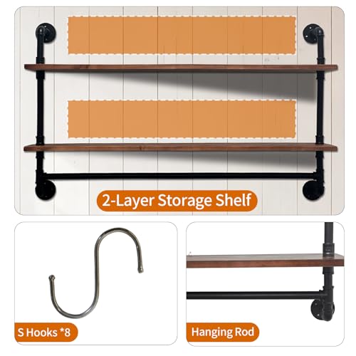 42 Inch 2 Tier Industrial Pipe Shelving Wall Mounted with Plank & Hooks