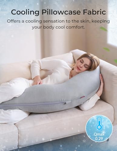 Momcozy J-Shaped Cooling Pregnancy Pillow with Deep Grey Cover – Supportive Maternity Pillow for Sleeping & Comfort