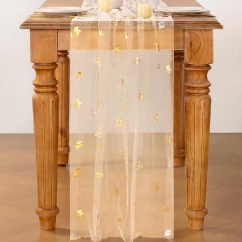 Jimtx Beige Maple Gold Glitter Cheesecloth Table Runner 10FT for Weddings & Events