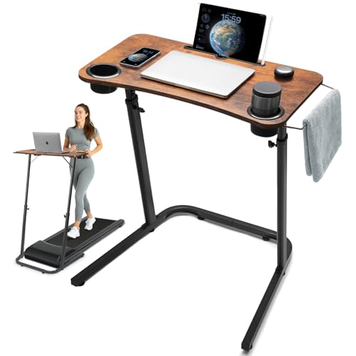 HOMELYM Brown Adjustable Treadmill Desk for Standing and Sitting - Small Standing Desk with Cup Holders & Towel Rack