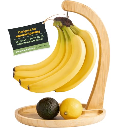 Bamboo Banana Holder with Fruit Tray - Extra Tall 12.9 Inch Stand, Natural Kitchen Organizer