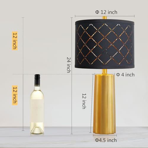 RORIANO Gold Modern Table Lamps Set of 2 with Black Grid Shades - Living Room & Bedroom Decor