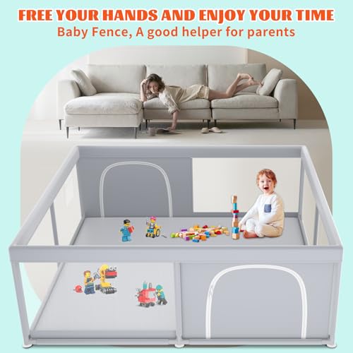 XVISHX 79x79 Inch Extra Large Baby Playpen with Soft Breathable Mesh, No Mat, Grey