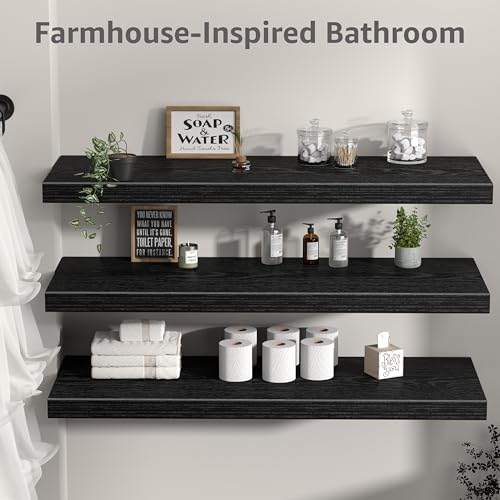 QEEIG 12" Deep Floating Shelves for Wall (Black, Set of 3, 35.4" x