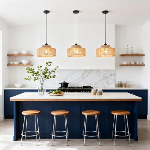 Brown 2-Pack Rattan Pendant Light - 11 Inch Handmade Woven Wicker Chandeliers for Kitchen & Living Room - Small Basket Hanging Light Fixture
