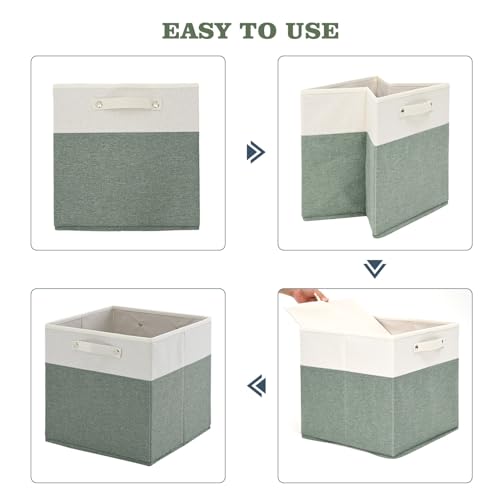 FinishingBo 13x13x13 Storage Cube Bins - White & Green 4 Pack, Foldable Linen Baskets