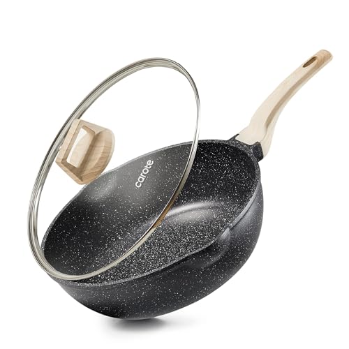 CAROTE 12-Inch Nonstick Deep Frying Pan with Lid, 5.5 Qt Classic Granite