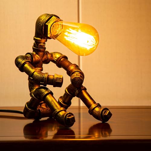 Steampunk Table Lamp with Robot Design - Vintage Industrial Water Pipe Desk Light - Bronze C