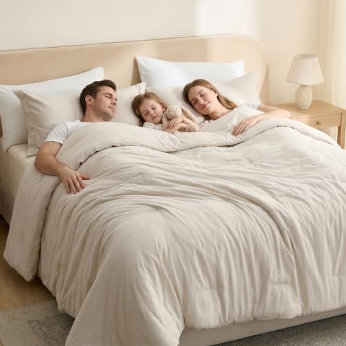 Beige Oversized King Comforter Set - Cationic Dyed Microfiber Bedding with 2 Shams
