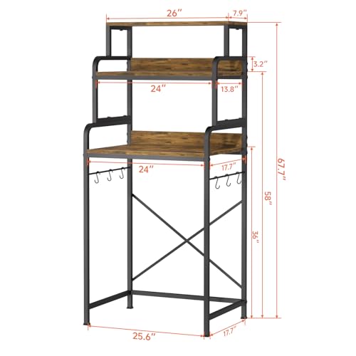 MILEFA Rustic Brown 4-Tier Mini Fridge & Microwave Stand with Side Hooks