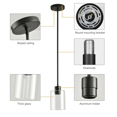 Black Pendant Lights Kitchen Island 2 Pack Modern Glass Fixture with Stem Rod - Black