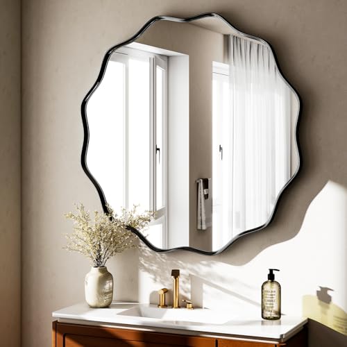 Black Scalloped Circle Wall Mirror - 36 Inch Wavy Edge Round Mirror with Frame - Variation of THIS listing