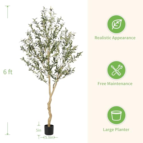 6ft Faux Olive Tree - Realistic Artificial Indoor Plant, Weathered Trunk & Lifelike Leaves