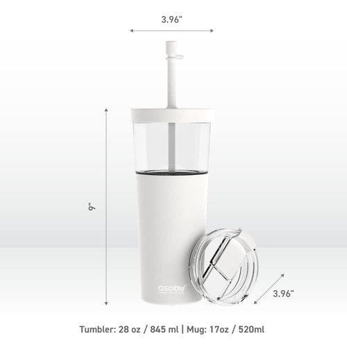 asobu ClearInsulation Flexi Straw Tumbler Marina a Tritan 28 oz Tumbler with 17 Oz Stainless Steel Insulated Sleeve for Ice Coffee or Hot Tea (White)