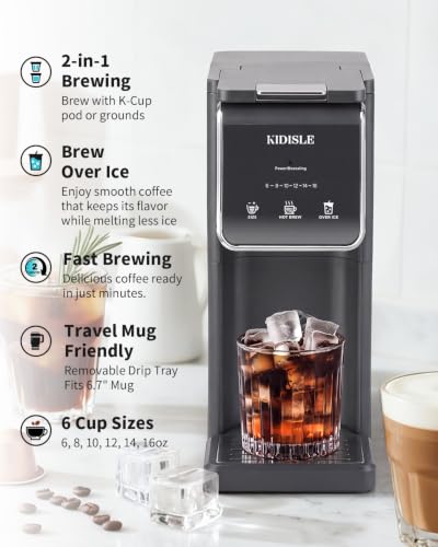 Single Serve Coffee Maker with K-Cup & Ground Compatibility, Hot & Iced Brew, 6-16oz, Gray