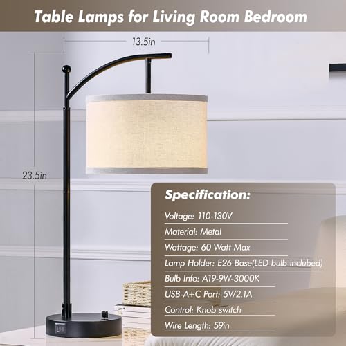 Black 2-Pack Bedside Table Lamps with USB-C & A Ports, Dimmable 23.5 Inch Set