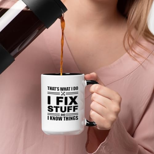 Veracco Black 15oz Funny Mechanic Mug for Dad - I Fix Stuff & Know Things