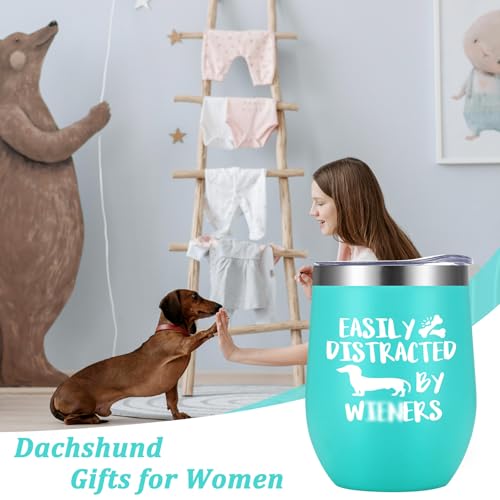 Lifecapido Dachshund Insulated Wine Tumbler 12oz Aqua Blue - Funny Dog Mom Gift