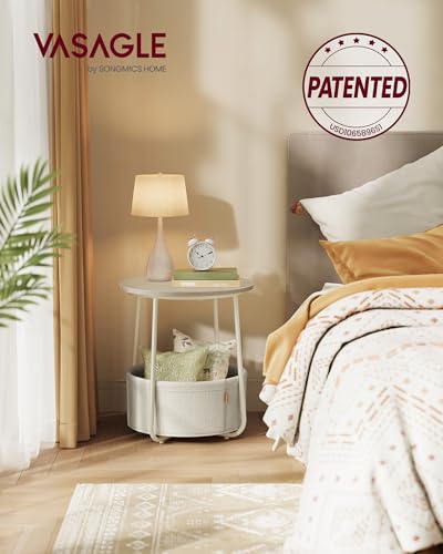 Cream White Small Round Side End Table with Fabric Storage Basket - Modern Nightstand